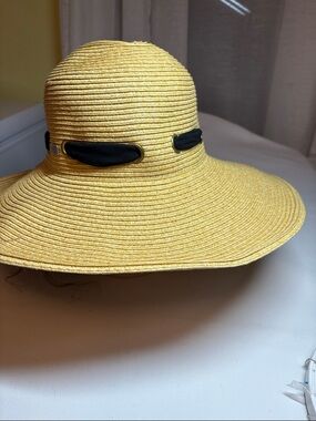 HBY Miami Tan Paper Straw Wide Brimmed Hat black Fabric Embellishment One Size